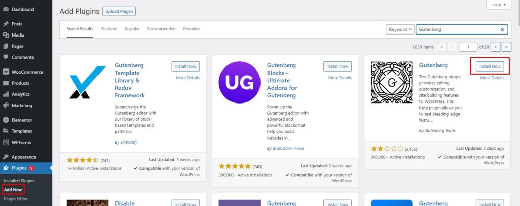 Install and Activate Gutenberg Plugin