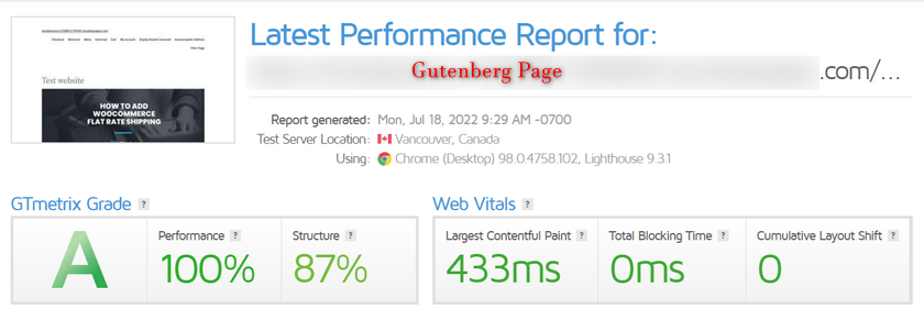 Performance Report for a page built with Gutenberg