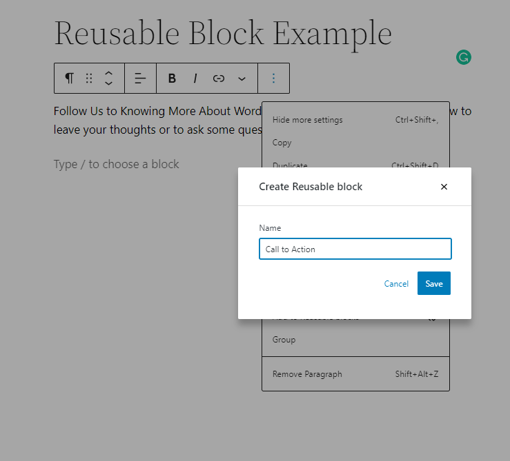 Save the reusable block