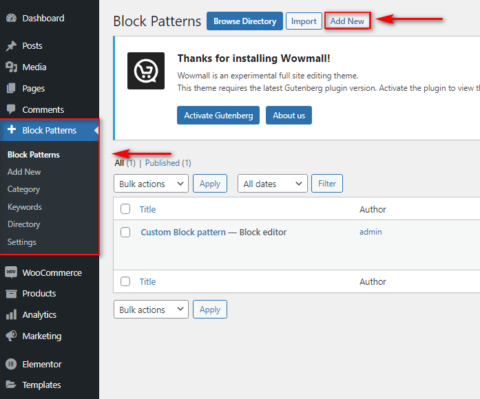 create gutenberg block pattern using plugin