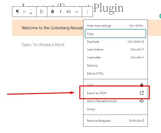 Export blocks as JSON using the plugin