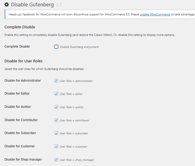 Disable Gutenberg editor plugin users settings