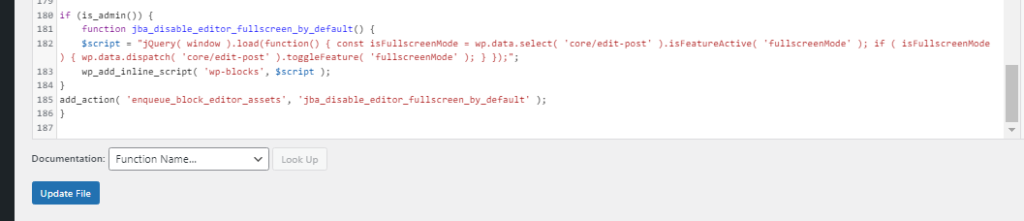Code snippet to disable fullscreen mode in guteberg