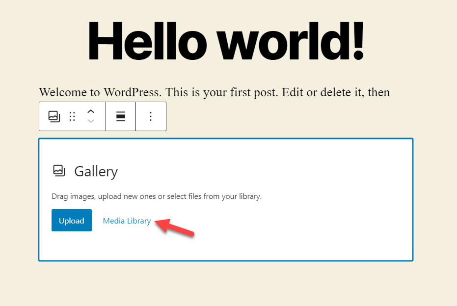 Choose media library in the Gutenberg image gallery block
