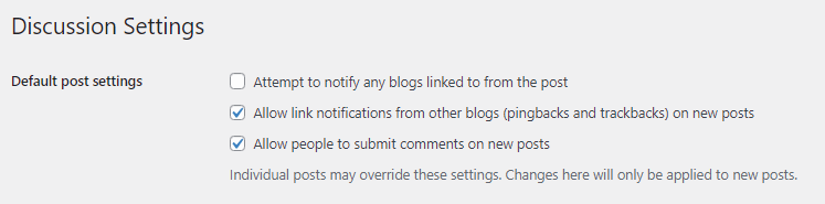 native WordPress comments default post settings