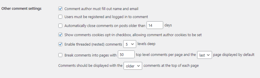 native WordPress comments other comments settings
